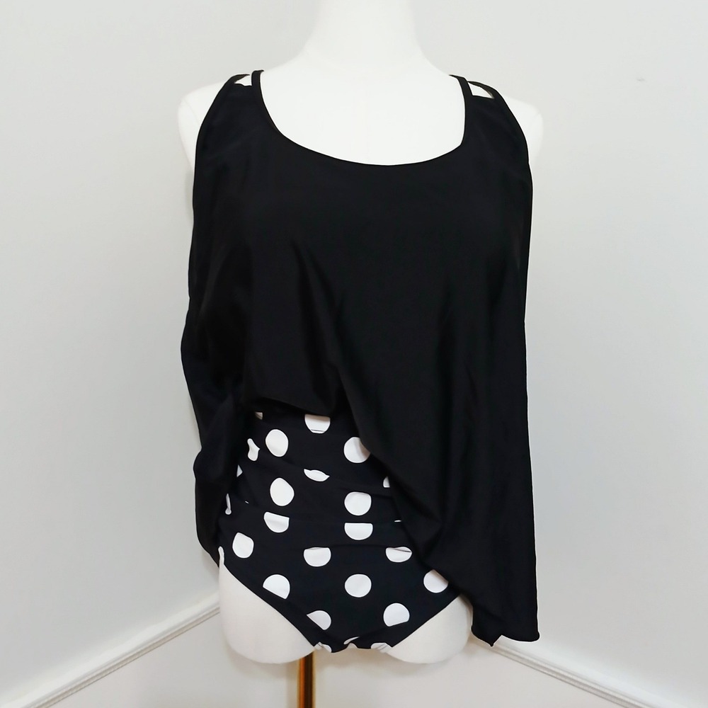 Womens XL Black Polka Dot Tankini Set High Waisted Two Piece Swimsuit New
